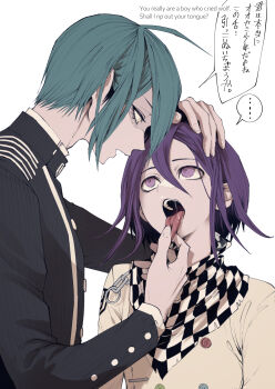  ... 2boys ahoge bilingual_text black_jacket blue_hair buttons checkered_clothes checkered_scarf collared_jacket danganronpa_(series) danganronpa_v3:_killing_harmony eyelashes flipped_hair hair_between_eyes hand_on_another's_head height_difference highres jacket long_sleeves looking_at_another male_focus matudairaks mixed-language_text multiple_boys oma_kokichi open_mouth partially_shaded_face profile purple_eyes purple_hair ringed_eyes saihara_shuichi saliva scarf short_hair simple_background speech_bubble spoken_ellipsis teeth tongue tongue_grab tongue_out two-tone_scarf upper_body white_background yaoi 