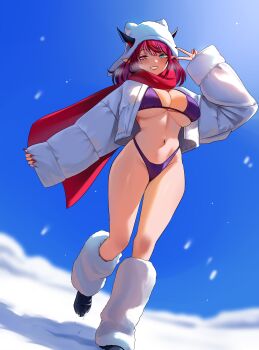  1girl :d absurdres bikini black_shoes blue_eyes blue_sky breasts breath cleavage commentary day english_commentary full_body fur_leg_warmers grin hand_up heterochromia highleg highleg_bikini highres hololive hololive_english horns horns_through_headwear irys_(hololive) jacket large_breasts leg_warmers looking_at_viewer navel oioi_ainomo open_clothes open_jacket open_mouth outdoors parka pink_eyes pointy_ears purple_bikini purple_hair red_streaks scarf shoes short_hair sky smile snow solo stomach swimsuit v virtual_youtuber white_jacket white_leg_warmers 