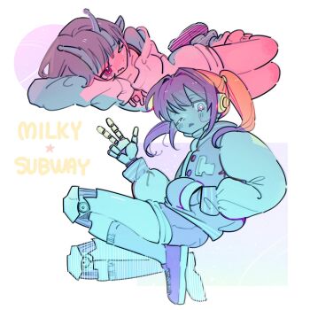  2girls alien android antennae blue_skin colored_skin commentary_request copyright_name full_body hand_in_pocket highres hood hood_down hoodie jacket kujo_chiharu kurusu_makina_(milky_galactic_universe) letterman_jacket long_hair long_sleeves lying mechanical_legs milky_subway morning_(d0nteat) multiple_girls on_side one_eye_closed pink_eyes pink_hair pink_skin pointy_ears robot_ears short_hair shorts socks star_(symbol) twintails w 