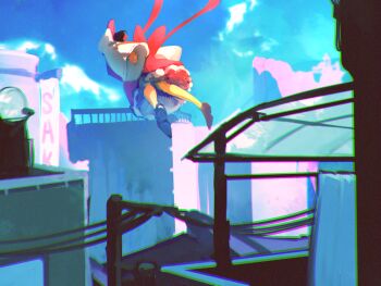  1girl blue_sky bow building cable chromatic_aberration city commentary detached_sleeves english_commentary film_grain flying from_behind full_body hakurei_reimu highres hotoke_party long_sleeves outdoors power_lines railing red_skirt ribbon-trimmed_sleeves ribbon_trim satellite_dish shoes sign skirt sky solo touhou upskirt utility_pole waist_bow white_sleeves wide_sleeves 