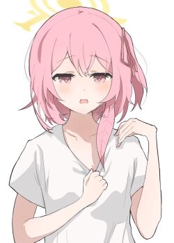  1girl alternate_costume blue_archive blush casual clothes_pull collarbone commentary feather_hair hair_between_eyes hair_ribbon half-closed_eyes halo hands_up hot medium_hair no_headwear one_side_up open_mouth pink_eyes pink_hair pink_ribbon pulling_own_clothes ribbon serina_(blue_archive) shirt shirt_pull short_sleeves signature simple_background solo sweat symbol-only_commentary t-shirt upper_body white_background white_shirt yellow_halo yukou_sui 