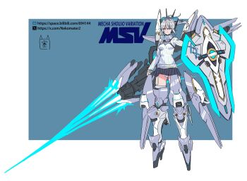  absurdres aliz_(starward) alternate_costume commentary_request energy_sword grey_hair highres long_sleeves mecha_musume mechanical_legs nekomater2 panties ponytail ribbed_sweater ribbon shield starward sweater sword thighs thrusters underwear weapon white_panties 