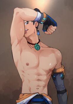  1boy abs absurdres arm_up armpits asymmetrical_gloves bare_shoulders belt biceps black_hair black_pants blue_belt brown_eyes clothes_around_waist collarbone commentary_request earrings elbow_gloves fingerless_gloves gloves glowing hair_bun highres jade_(gemstone) jewelry large_pectorals licking_own_arm male_focus merman_momomo muscular muscular_male necklace nipples overwatch pants pectorals pendant rectangular_earrings simple_background single_earring single_elbow_glove solo toned toned_male tongue tongue_out topless_male uneven_gloves upper_body wuyang_(overwatch) 