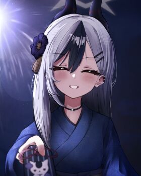  1girl absurdres black_choker black_hair black_horns blue_archive choker closed_eyes commentary demon_horns ear_piercing facing_viewer fireworks flower giving grey_hair hair_flower hair_ornament hairclip halo highres holding horns japanese_clothes kayoko_(blue_archive) kayoko_(new_year)_(blue_archive) kimono long_hair long_sleeves multicolored_hair official_alternate_costume omamori piercing portrait skebisu smile solo swept_bangs two-tone_hair upper_body  rating:General score:3 user:danbooru