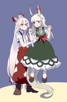 2girls angry baggy_pants black_footwear blue_dress blue_hair bobby_socks bow brown_footwear buttons caved_(touhou) collared_dress collared_shirt dress ex-keine footwear_bow fujiwara_no_mokou green_dress green_hair grey_background hair_bow hat hime_cut holding horn_bow horn_ornament horn_ribbon horns itomugi-kun kamishirasawa_keine long_hair multicolored_hair multiple_girls multiple_hair_bows neckerchief ofuda ofuda_on_clothes pants puffy_short_sleeves puffy_sleeves red_bow red_eyes red_footwear red_neckerchief red_pants ribbon shirt shoes short_sleeves sidelocks silver_hair skirt socks sukusuku_hakutaku suspenders tokin_hat torn_clothes torn_sleeves touhou two-tone_hair very_long_hair white_bow white_legwear white_shirt white_skirt 