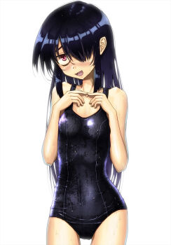  1girl black_hair highres izumozaki_neneko long_hair official_art onimushi_hyogo red_eyes school_swimsuit shironagasu-tou_e_no_kikan simple_background skinny standing swimsuit  rating:Sensitive score:52 user:taitenken