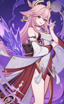  1girl absurdres animal_ears bare_shoulders breasts chinese_commentary commentary_request detached_sleeves earrings fox_ears fox_shadow_puppet genius_invokation_tcg_(style) genshin_impact hair_between_eyes hair_ornament highres japanese_clothes jewelry long_hair long_sleeves looking_at_viewer nontraditional_miko pink_hair purple_eyes resized sidelocks smile solo third-party_edit upscaled vision_(genshin_impact) wide_sleeves yae_miko 