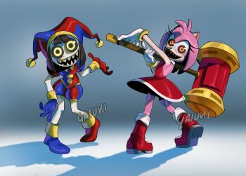 2girls amy_rose animal_ears animal_nose artist_name asymmetrical_footwear asymmetrical_gloves backless_dress backless_outfit backlighting bare_shoulders black_sclera blue_gloves blue_hat blue_shirt blue_shoes blue_shorts blunt_ends body_fur boo_(sonic) boots bracelet brown_hair collar collared_bodysuit colored_sclera colored_skin commentary cracked_skin crossover dark_persona dress english_commentary evil_smile eyelashes facing_away facing_viewer full_body furry furry_female gaiuki gloves gold_bracelet gradient_background grey_background hairband hammer hat hat_bell hedgehog_girl highres holding holding_hammer jester jester_cap jester_costume jewelry looking_at_viewer looking_back multicolored_eyes multicolored_hat multiple_girls open_hands pink_fur pomni_(the_amazing_digital_circus) possessed puffy_short_sleeves puffy_shorts puffy_sleeves red_boots red_dress red_eyes red_gloves red_hairband red_hat red_shirt red_shoes red_shorts ringed_eyes shadow sharp_teeth shirt shoes short_sleeves short_tail shorts sidelighting smile sonic_(series) sonic_x striped_clothes striped_headwear striped_shirt striped_shorts tail teeth the_amazing_digital_circus toy_hammer two-tone_eyes two-tone_hat two-tone_shirt two-tone_shorts vertical-striped_clothes vertical-striped_headwear vertical-striped_shirt vertical-striped_shorts watermark white_background white_gloves white_skin white_trim yellow_collar yellow_eyes yellow_trim