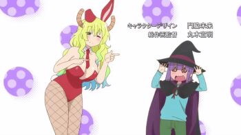  1boy 1girl age_difference animal_ears animated animated_gif anime_screenshot bare_shoulders blonde_hair blue_hair blush breasts cape curvy dancing detached_collar fake_animal_ears fake_tail fishnet_pantyhose fishnets gradient_hair green_hair hat huge_breasts kobayashi-san_chi_no_maidragon leotard long_hair looking_at_viewer lucoa_(maidragon) magatsuchi_shouta mature_female multicolored_hair necktie one_eye_closed pants pantyhose playboy_bunny purple_hair rabbit_ears rabbit_tail red_leotard shirt tail witch_hat  rating:Sensitive score:25 user:Narukovore