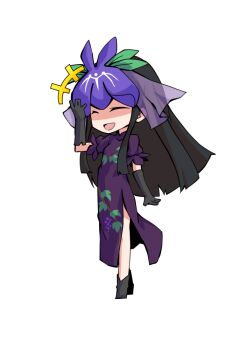  1girl black_gloves black_hair chibi chibi_only china_dress chinese_clothes closed_eyes commentary_request dairi dress food_print fruit_print full_body gloves hand_up large_variant_set laughing long_hair long_sidelocks open_mouth puffy_short_sleeves puffy_sleeves purple_dress short_sleeves sidelocks simple_background smile solo tachi-e touhou transparent_background variant_set vine_print yomotsu_hisami 