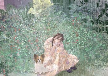  1girl black_hair black_shoes braid brick_wall bush closed_mouth dog dress earrings floral_print floral_print_dress gloves grey_sky hands_on_own_knees head_rest highres jewelry knees_to_chest knees_up lace lace_gloves long_hair nature necklace original papillon_(dog) plant print_dress purupurualiens shoes short_sleeves single_braid sitting sky solo white_gloves wide_shot yellow_dress 