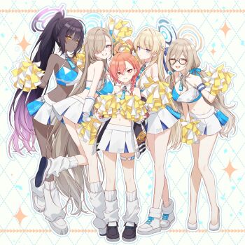  5girls :d ahoge akane_(blue_archive) asuna_(blue_archive) bare_shoulders black_hair black_halo black_shoes blonde_hair blue_archive blue_eyes blue_halo blush braid breasts brown_hair brown_halo cheerleader cleavage closed_eyes dark-skinned_female dark_skin full_body glasses hair_intakes hair_over_one_eye hair_ribbon halo high_heels highres jacket karin_(blue_archive) large_breasts leaning_forward leg_warmers legs long_hair looking_at_viewer midriff millennium_cheerleader_outfit_(blue_archive) miniskirt mole mole_under_eye multiple_girls navel neru_(blue_archive) off_shoulder open_mouth orange_hair parted_lips pom_pom_(cheerleading) ponytail purple_hair red_eyes ribbon shoes short_hair single_braid skirt smile standing standing_on_one_leg toki_(blue_archive) tomari_(veryberry00) very_long_hair white_leg_warmers white_shoes yellow_eyes 