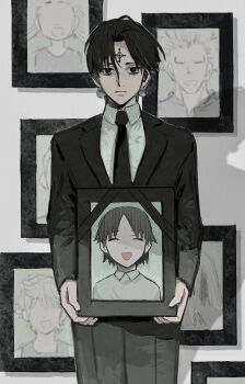  2girls 4boys :d :| ^_^ ball_earrings black_eyes black_hair black_jacket black_necktie black_pants black_suit child chrollo_lucilfer closed_eyes closed_mouth commentary cowboy_shot cross_tattoo death earrings faceless faceless_female faceless_male facial_mark facial_tattoo forehead_mark forehead_tattoo formal_clothes funeral highres holding holding_photo huge_eyebrows hunter_x_hunter iei jacket jewelry korutopi limited_palette long_hair long_sleeves looking_at_viewer male_focus mourning multiple_boys multiple_girls necktie open_mouth out_of_frame pakunoda pants photo_(object) polo_shirt portrait portrait_(object) sarasa_(hunter_x_hunter) shadow shalnark shirt short_hair smile solo spiked_hair suit tattoo twintails uvogin very_short_hair white_shirt zumu_(quw87) 