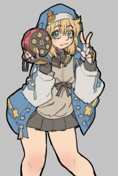  1boy :3 androgyne_symbol black_gloves black_skirt blonde_hair blue_eyes bridget_(guilty_gear) feet_out_of_frame fingerless_gloves gloves guilty_gear guilty_gear_strive holding hood hooded_jacket jacket male_focus miniskirt pantsu-ripper pleated_skirt skirt solo trap w yo-yo 