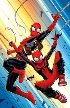  1boy 1girl arthropod_girl black_bodysuit bodysuit brown_hair david_nakayama highres initial makawalu_akana marvel multicolored_bodysuit red_bodysuit red_mask red_shoes shoes short_twintails spider-girl spider-man spider-man_(series) superhero_costume twintails two-tone_bodysuit 