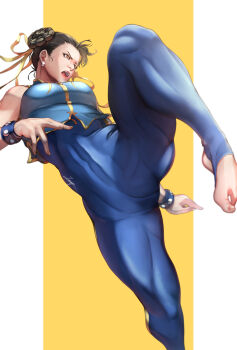  1girl absurdres ass blue_bodysuit blue_vest bodysuit bracelet braid braided_bun breasts brown_eyes brown_hair capcom chun-li double_bun earrings fighting_stance hair_bun highres jewelry leg_lift medium_breasts muscular muscular_female open_mouth serious solo stirrup_legwear street_fighter street_fighter_zero_(series) studded_bracelet teppu_tora toeless_legwear vest 