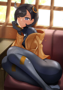  1girl ;3 ass black_hair bodysuit breasts dark-skinned_female dark_skin emma_(pokemon) gloves jacket long_sleeves mukunoki nintendo one_eye_closed pokemon pokemon_legends:_z-a purple_eyes short_hair sitting window  rating:General score:2 user:zombiespacial