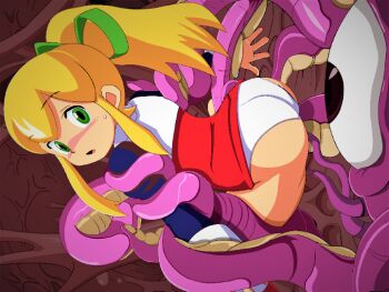  1boy 1girl artist_request ass blonde_hair blush capcom clothes_lift crossover forced green_eyes hair_ribbon highres huge_ass legs long_hair looking_at_viewer looking_back marvel marvel_vs._capcom mega_man_(classic) mega_man_(series) monster open_mouth panties ponytail restrained ribbon roll_(mega_man) shuma_gorath source_request sweatdrop tentacles thighs tongue underwear white_panties 