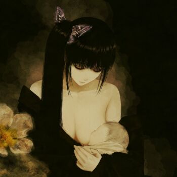  1girl baby baby_carry black_hair breast_sucking breastfeeding breasts butterfly_hair_ornament carrying carrying_baby carrying_person closed_eyes hair_ornament highres kimetsu_no_yaiba large_breasts long_hair maadaa mother_and_child side_ponytail tsuyuri_kanao 