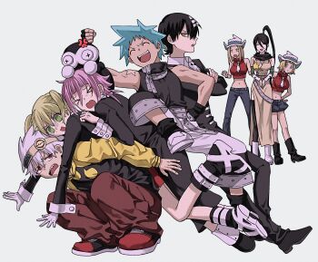  >_< 1other 3boys 4girls amugonagurim anger_vein bare_shoulders black_boots black_dress black_gloves black_hair black_jacket black_pants black_shirt black_shoes black_shorts black_star black_suit black_thighhighs blonde_hair blue_eyes blue_hair boots breasts brown_pants closed_eyes commentary_request cowboy_hat crona_(soul_eater) cropped_sweater crossed_arms d: death_the_kid dogpile dress dx elizabeth_thompson fingerless_gloves formal_clothes full_body furrowed_brow gloves green_hair grey_dress grey_pants hair_between_eyes hairband hand_on_own_hip hat highres jacket korean_commentary long_hair maka_albarn medium_breasts midriff multicolored_hair multiple_boys multiple_girls nakatsukasa_tsubaki navel necktie nervous_smile open_mouth own_hands_together pants parted_bangs parted_lips patricia_thompson pink_hair ponytail red_eyes red_shoes red_skirt red_sweater shaded_face sharp_teeth shirt shoes short_hair shorts shoulder_tattoo siblings side_slit sisters skirt skull_ornament sleeveless sleeveless_turtleneck smile sneakers soul_eater soul_evans spiked_hair squatting star_(symbol) star_tattoo streaked_hair striped_hair suit suit_jacket sweatdrop sweater tattoo teeth thighhighs turtleneck twintails white_boots white_hair white_necktie yellow_eyes yellow_sleeves 