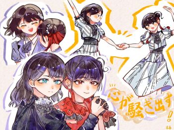  2girls akane_gokoro animification black_gloves black_hair closed_eyes closed_mouth collared_shirt commentary_request gloves hair_bun hand_up holding_hands interlocked_fingers liella!_unit_live_&amp;_fan_meeting_tour:_music-talk-teamwork!_prime_adventure!! long_sleeves looking_at_another looking_at_viewer love_live! love_live!_superstar!! moben multicolored_hair multiple_girls ookuma_wakana open_mouth real_life red_eyes red_hair shirt short_hair_with_long_locks short_sleeves single_hair_bun smile translation_request two-tone_hair voice_actor yabushima_akane 