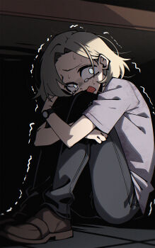  1girl absurdres black_pants blonde_hair blue_eyes brown_shoes commentary crying crying_with_eyes_open dryegen grace_ashcroft highres hugging_own_legs open_mouth pants resident_evil resident_evil_requiem shirt shoes short_hair short_sleeves sitting solo tears watch white_shirt wristwatch 