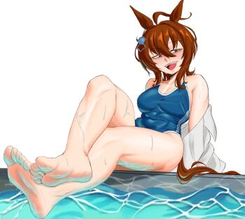  1girl agnes_tachyon_(umamusume) ahoge animal_ears barefoot blue_one-piece_swimsuit breasts brown_hair brown_tail commentary covered_navel edge_zero05 english_commentary feet foreshortening full_body hair_between_eyes hair_ornament highres horse_ears horse_girl horse_tail knee_up legs looking_at_viewer medium_breasts medium_hair one-piece_swimsuit open_clothes open_mouth open_shirt poolside shirt sidelocks simple_background sitting soles solo swimsuit tail teeth thighs toes umamusume upper_teeth_only wet white_background white_shirt 