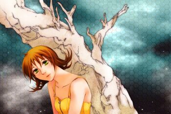  1girl against_tree bare_shoulders bare_tree breasts brown_hair closed_mouth collarbone commentary_request d-maker final_fantasy final_fantasy_viii green_eyes hair_between_eyes honeycomb_(pattern) honeycomb_background looking_at_viewer medium_breasts overalls selphie_tilmitt short_hair solo tree upper_body yellow_overalls 