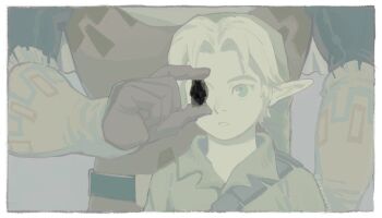  26_zzzzzz 2boys age_difference armor black_shirt blue_eyes cape dark-skinned_male dark_skin ganondorf green_hat green_tunic grey_background hair_intakes hand_up hat head_out_of_frame height_difference leather_armor link male_focus multiple_boys nintendo one_eye_covered pale_color parted_bangs parted_lips shirt shoulder_strap standing the_legend_of_zelda the_legend_of_zelda:_ocarina_of_time tunic twitter_username upper_body young_link 