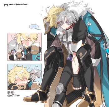  2boys alcohol alkalilyy beer beer_mug black_boots blonde_hair blue_eyes blush boots carrying chibi closed_mouth coat cup drunk earrings english_text eyes_visible_through_hair fingerless_gloves fur-trimmed_coat fur_trim genshin_impact gloves grey_hair hair_between_eyes hair_over_one_eye highres illuga_(genshin_impact) jewelry knee_pads male_focus mole mole_under_eye mug multicolored_hair multiple_boys one_eye_closed open_mouth piggyback red_hair red_pupils scar single_earring sleeveless sleeveless_turtleneck speech_bubble sweater turtleneck turtleneck_sweater two-tone_hair varka_(genshin_impact) watermark white_background 