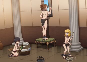  1boy 2girls absurdres ass back backboob barefoot bdsm black_hair blonde_hair blue_eyes bondage bound breasts brown_hair bucket bucket_of_water cleaning collar commission commissioner_upload cuffs dishes flat_chest functionally_nude highres indoors kneeling large_breasts loincloth loli looking_back mop multiple_girls nipples original pillar ponytail purple_eyes shackles short_hair shota slave standing tattoo_on_neck the_dark_mangaka topless_female  rating:Explicit score:97 user:SomeInternetLoser