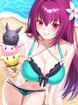  1girl absurdres bare_shoulders beach bikini black_bikini blush breasts cleavage fate/grand_order fate_(series) food green_bikini highres ice_cream ice_cream_cone large_breasts licking_lips long_hair looking_at_viewer multicolored_bikini multiple_scoops navel purple_hair red_eyes scathach-skadi_(fate) scathach-skadi_(swimsuit_ruler)_(final_ascension)_(fate) scathach_(fate) shore smile solo swimsuit tongue tongue_out two-tone_bikini umirunie 