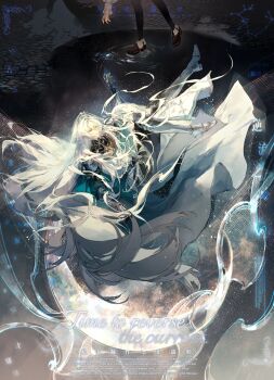  1boy 1girl absurdly_long_hair absurdres ankle_boots aqua_cape arm_up armor armored_boots belt black_belt black_pants black_pantyhose black_shirt blue_gem boots braid brown_boots cael_anselm cael_anselm_(god_forsaken_land) cape charm_(object) chinese_commentary commentary_request constellation crescent_moon english_text falling faulds fold-over_boots full_body gauntlets gem greaves hair_between_eyes heroine_(lovebrush_chronicles) highres jewelry knee_boots light_particles long_hair long_hair_between_eyes long_sleeves looking_up lovebrush_chronicles male_focus mandarin_collar moon necklace night out_of_frame outstretched_arm pants pantyhose parted_lips pavement pendant pendant_removed poleyn puddle purple_eyes rachelee618 reaching ripples roman_numeral sabaton sagittarius_(constellation) second-party_source see-through_clothes see-through_veil sett shirt shoulder_armor side_braid solo_focus standing thorns tiara tunic two-sided_cape two-sided_fabric unworn_jewelry unworn_necklace veil very_long_hair wallet_chain water white_cape white_hair white_tunic 