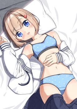  1girl absurdres bare_shoulders bed_sheet blue_panties blue_skirt blunt_bangs blush bob_cut bow bow_bra bow_panties bra brown_hair clothes_pull dot_nose dutch_angle feet_out_of_frame forehead from_above hair_ornament hairclip hand_on_own_stomach highres looking_at_viewer lying navel negimiso1989 on_back open_clothes open_mouth open_shirt original panties pillow pleated_skirt polka_dot polka_dot_panties school_uniform serafuku shirt short_hair skirt skirt_pull solo sports_bra swept_bangs thighs underwear white_shirt 