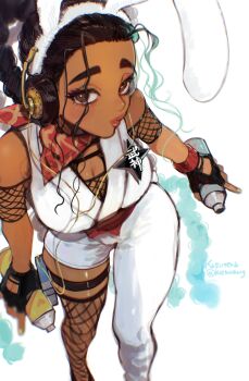  1girl absurdres alternate_costume animal_ear_hairband animal_ears artist_name black_gloves black_hair breasts brown_eyes brown_lips cleavage colored_tips commentary_request dark-skinned_female dark_skin dreadlocks earphones eyeshadow fake_animal_ears feet_out_of_frame fingerless_gloves fishnet_top fishnets from_above gloves hair_pulled_back hairband headband headphones highres kastrachang kimberly_jackson lips long_hair looking_at_viewer loose_hair_strand makeup medium_breasts multicolored_hair nail_polish neckerchief ninja nose pink_eyeshadow quad_braids rabbit_ear_hairband rabbit_ears red_neckerchief shuriken simple_background single_fishnet_legwear sleeveless solo spray_can street_fighter street_fighter_6 thick_eyebrows thigh_strap twitter_username very_long_hair walkman weapon white_background white_headband yellow_nails 