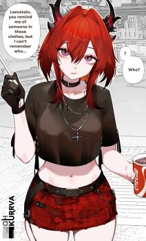  1girl absurdres arknights artist_name belt belt_buckle belt_collar black_belt black_collar black_gloves black_horns buckle closed_mouth coca-cola collar commentary cowboy_shot crop_top cropped_shirt cross cross_necklace cup disposable_cup drink english_commentary english_text gloves hair_between_eyes hair_intakes highres holding holding_drink horns jewelry long_hair midriff miniskirt monochrome_background navel necklace ohkurrva product_placement purple_eyes red_hair red_skirt single_glove skirt solo speech_bubble standing surtr_(arknights) 