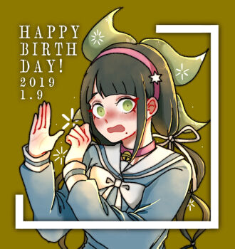  1girl bell black_hair blue_shirt blunt_bangs blush bow chabashira_tenko choker collared_shirt commentary_request danganronpa_(series) danganronpa_v3:_killing_harmony dated eyelashes green_background green_eyes green_ribbon hair_ribbon hairband hands_up happy_birthday kiri_(2htkz) long_hair long_sleeves mole mole_under_mouth neck_bell open_mouth pink_choker pink_hairband ribbon sailor_collar shirt solo twintails upper_body white_bow white_ribbon white_sailor_collar 