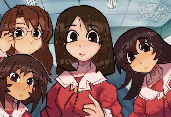  4girls adjusting_eyewear artist_name azumanga_daioh's_school_uniform azumanga_daiou brown_eyes brown_hair closed_mouth commentary dated glasses hand_on_eyewear hand_up highres ideac kagura_(azumanga_daioh) kasuga_ayumu long_hair long_sleeves looking_at_viewer mizuhara_koyomi multiple_girls parody parted_lips pink_shirt sailor_collar school_uniform shirt takino_tomo upper_body white_sailor_collar 