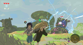  2girls black_shirt blonde_hair blue_skirt cho_kaguya-hime! commentary_request day energy gameplay_mechanics grass heads-up_display health_bar heart highres kaguya_(cho_kaguya-hime!) long_hair minimap multiple_girls nintendo open_mouth outdoors pleated_skirt purple_hair running sailor_collar sakayori_iroha school_uniform serafuku shirt short_hair siyuyukika skirt sky standing t-shirt the_legend_of_zelda the_legend_of_zelda:_breath_of_the_wild user_interface white_shirt 