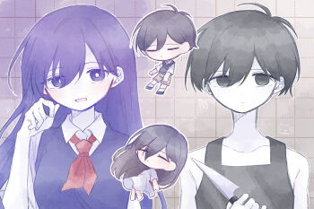  2boys 2girls antenna_hair barefoot black_eyes black_hair black_shoes black_sweater_vest black_tank_top brother_and_sister brown_shorts chibi closed_eyes closed_mouth collarbone collared_shirt colored_skin commentary_request double-parted_bangs dress dual_persona expressionless hair_behind_ear highres holding holding_knife knife long_hair looking_at_viewer mari_(faraway)_(omori) mari_(headspace)_(omori) mari_(omori) mimi_utlove multiple_boys multiple_girls neckerchief omori omori_(omori) open_mouth purple_eyes purple_hair red_neckerchief shirt shoes short_hair short_sleeves shorts siblings smile socks sunny_(omori) sweater_vest tank_top white_dress white_shirt white_skin white_socks 