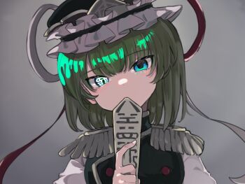  1girl black_hat blue_eyes commentary_request epaulettes frilled_hat frills fringe_trim green_hair grey_background hall_jion hat holding looking_at_viewer medium_hair rod_of_remorse shiki_eiki solo touhou 
