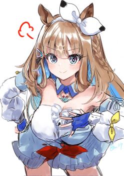  1girl almond_eye_(the_changer)_(umamusume) almond_eye_(umamusume) animal_ears bare_shoulders blue_eyes blue_gloves blue_hair blush bow bow_hairband braid breast_suppress breasts bright_pupils brown_hair cleavage closed_mouth collarbone colored_inner_hair commentary_request detached_sleeves dress fingerless_gloves gloves hair_ornament hairband hairclip highres horse_ears horse_girl large_breasts leaning_forward long_hair long_sleeves looking_at_viewer multicolored_hair paopao puffy_long_sleeves puffy_sleeves side_braid simple_background single_braid sleeve_bow smile solo streaked_hair symbol-shaped_pupils too_many_hair_ornaments umamusume white_bow white_dress x-shaped_pupils yellow_bow 