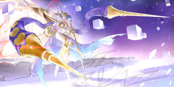  1girl absurdres breasts cape cleavage dazz_(daito) digimon digimon_(creature) full_body hair_bun halo highres incredibly_absurdres junomon large_breasts navel purple_cape purple_eyes red_halo revealing_clothes solo staff 