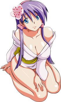  00s 1girl ass bare_shoulders barefoot blue_eyes breasts cleavage covered_erect_nipples flower frown hands_on_feet highres japanese_clothes kimono large_breasts light_purple_hair lou_roux pink_ribbon ribbon shinkon_gattai_godannar!! sitting thighs wariza  rating:Sensitive score:32 user:DestPrince