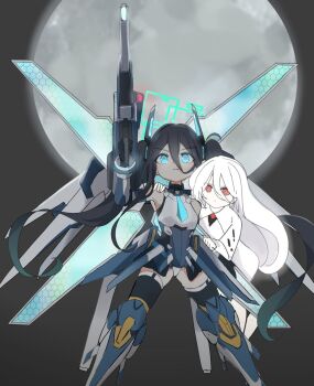  2girls aris_(armed)_(blue_archive) aris_(blue_archive) bare_shoulders black_hair blue_archive blue_eyes blue_necktie commentary_request elbow_gloves energy_gun full_moon gloves glowing glowing_eyes gundam gundam_x hair_between_eyes halo highres holding holding_weapon kei_(blue_archive) kei_(new_body)_(blue_archive) long_hair long_hair_between_eyes looking_at_viewer mecha_musume mechanical_wings moon multiple_girls necktie parody rectangular_halo red_eyes satellite_cannon shoulder_cannon thighhighs twintails unli_free very_long_hair weapon white_hair wings 