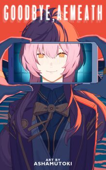  1girl 1other absurdres aemeath_(wuthering_waves) artist_name ashamutoki bow bowtie cellphone closed_mouth commentary english_text highres holding holding_phone jacket long_hair looking_at_viewer orange_eyes phone pink_hair pov pov_hands purple_jacket rover_(wuthering_waves) sayonara_eri smartphone smile solo_focus star-shaped_pupils star_(symbol) symbol-shaped_pupils wuthering_waves yellow_bow yellow_bowtie 