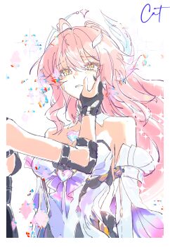  2girls absurdres adoptive_parent_and_adoptive_child aemeath_(wuthering_waves) ahoge bare_shoulders black_gloves breasts commentary_request female_rover_(wuthering_waves) gloves hair_ornament hand_on_another's_face highres huaxue_maomi leotard long_hair medium_breasts mother_and_daughter multiple_girls orange_eyes parted_lips pink_hair rover_(wuthering_waves) solo_focus star-shaped_pupils star_(symbol) symbol-shaped_pupils tearing_up upper_body white_leotard wuthering_waves 