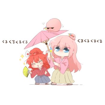  2girls alternate_costume blue_eyes bocchi_the_rock! chibi chibi_only closed_eyes commentary_request folding_fan gotoh_hitori gotoh_hitori_(octopus) gotoh_hitori_(tsuchinoko) grey_skirt hakama hakama_skirt hand_fan holding holding_fan holding_umbrella japanese_clothes kimono kita_ikuyo long_hair long_sleeves multiple_girls oil-paper_umbrella open_mouth pink_hair pink_kimono pink_umbrella rebecca_(keinelove) red_hair red_kimono skirt sparkle standing umbrella wide_sleeves yellow_skirt 