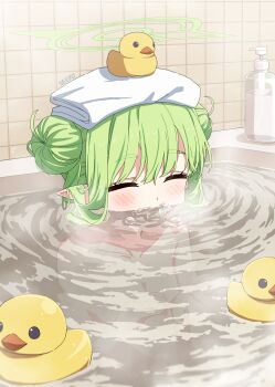 1girl =_= absurdres alternate_hairstyle artist_name bathing bathroom bathtub blowing_bubbles blue_archive blush breasts closed_eyes commentary double_bun english_commentary green_hair green_halo hair_bun halo highres hikari_(blue_archive) mouth_submerged mouth_under_water nude partially_submerged pointy_ears rubber_duck seero small_breasts soap_bottle solo steam tile_wall tiles towel towel_on_head water
