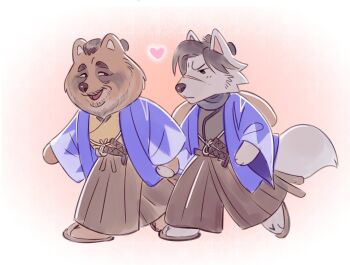  adachi_koichi animal_crossing animalization black_hair black_scarf crossover hakama haori hashtag-only_commentary heart highres holding_hands inoue_genzaburou_(ishin) japanese_clothes kashiwagi_osamu kondou_isami_(ishin) nintendo raccoon_tail ryuu_ga_gotoku_(series) ryuu_ga_gotoku_ishin! sandals scar scar_on_face scar_on_nose scarf shinsengumi tail tanuki teppn_(gattobamboom) topknot wolf wolf_tail 